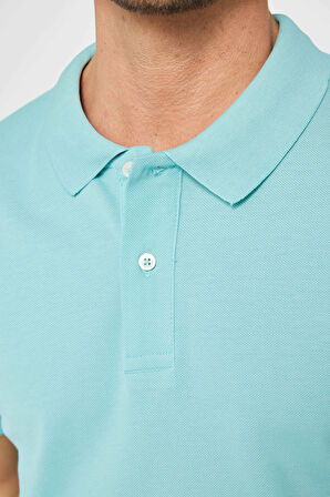Erkek Slim Fit Dar Kesim %100 Pamuk Düz Pike Mint Polo Yaka Tişört