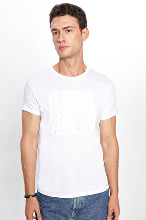 Erkek Slim Fit Dar Kesim %100 Pamuk Yumuşak Dokulu Baskılı Beyaz Bisiklet Yaka Tişört