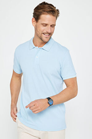 Erkek Slim Fit Dar Kesim Pamuklu Yumuşak Dokulu Serin Tutan Kumaş Düz Pike Mavi Polo Yaka Tişört