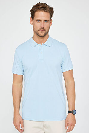 Erkek Slim Fit Dar Kesim Pamuklu Yumuşak Dokulu Serin Tutan Kumaş Düz Pike Mavi Polo Yaka Tişört