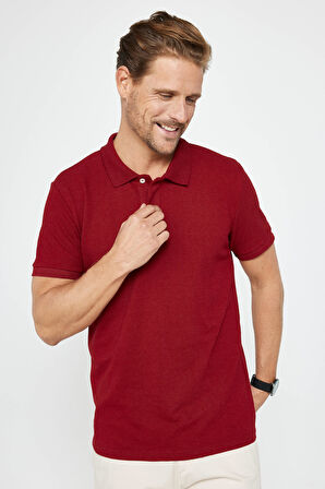 Erkek Slim Fit Dar Kesim Pamuklu Yumuşak Dokulu Serin Tutan Kumaş Düz Pike Bordo Polo Yaka Tişört