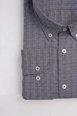 Büyük Beden Uzun Kollu Düğmeli Yaka Kareli Pamuklu Erkek Gömlek