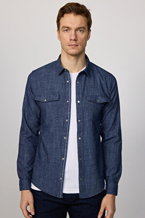 Erkek Slim Fit Dar Kesim Uzun Kollu %100 Pamuk Keten Doku Çift Cepli Çıtçıtlı Lacivert Gömlek