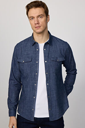 Erkek Slim Fit Dar Kesim Uzun Kollu %100 Pamuk Keten Doku Çift Cepli Çıtçıtlı Lacivert Gömlek