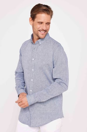 Erkek Slim Fit Dar Kesim Uzun Kollu Keten Premium Seri Düğmeli Yaka Spor Lacivert Gömlek