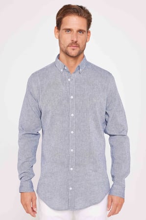 Erkek Slim Fit Dar Kesim Uzun Kollu Keten Premium Seri Düğmeli Yaka Spor Lacivert Gömlek
