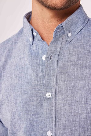 Erkek Slim Fit Dar Kesim Uzun Kollu Keten Premium Seri Düğmeli Yaka Spor Lacivert Gömlek
