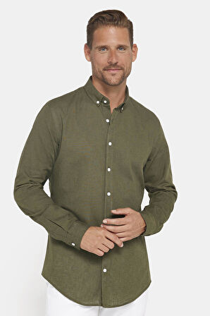 Erkek Slim Fit Dar Kesim Uzun Kollu Keten Premium Seri Düğmeli Yaka Spor Haki Gömlek