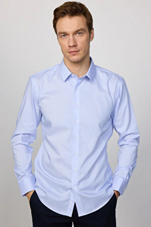 Slim Fit Mavi Non-Iron %100 Pamuk Doğa Dostu Ekoteks Belgeli Ütü Gerektirmez Gömlek