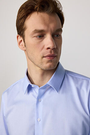 Slim Fit Mavi Non-Iron %100 Pamuk Doğa Dostu Ekoteks Belgeli Ütü Gerektirmez Gömlek