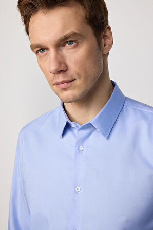 Slim Fit Mavi Non-Iron %100 Pamuk Doğa Dostu Ekoteks Belgeli Ütü Gerektirmez Gömlek