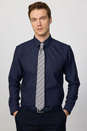Slim Fit Lacivert Non-Iron %100 Pamuk Doğa Dostu Ekoteks Belgeli Ütü Gerektirmez Gömlek
