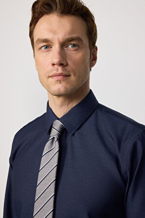 Slim Fit Lacivert Non-Iron %100 Pamuk Doğa Dostu Ekoteks Belgeli Ütü Gerektirmez Gömlek