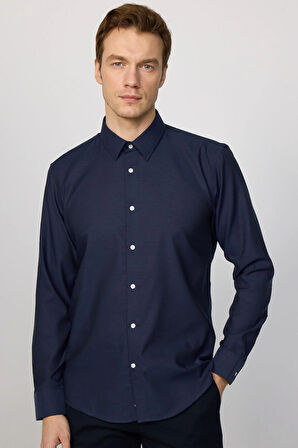 Slim Fit Lacivert Non-Iron %100 Pamuk Doğa Dostu Ekoteks Belgeli Ütü Gerektirmez Gömlek