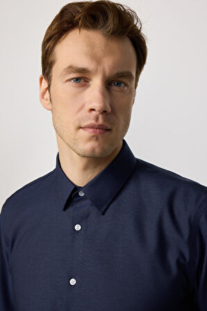 Slim Fit Lacivert Non-Iron %100 Pamuk Doğa Dostu Ekoteks Belgeli Ütü Gerektirmez Gömlek