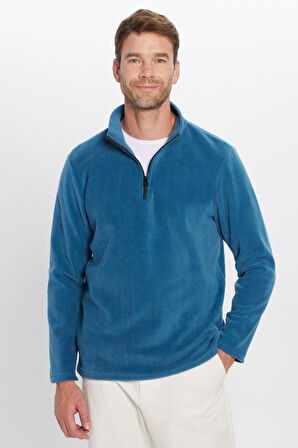 Unisex Standart Fit Rahat Kesim Tüylenme Yapmayan Soğuk Geçirmez İndigo Dik Yaka Polar Sweatshirt