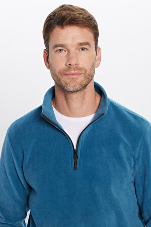 Unisex Standart Fit Rahat Kesim Tüylenme Yapmayan Soğuk Geçirmez İndigo Dik Yaka Polar Sweatshirt