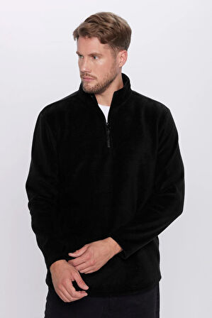 Unisex Standart Fit Rahat Kesim Tüylenme Yapmayan Soğuk Geçirmez Siyah Dik Yaka Polar Sweatshirt