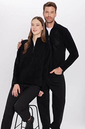 Unisex Standart Fit Rahat Kesim Tüylenme Yapmayan Soğuk Geçirmez Siyah Dik Yaka Polar Sweatshirt