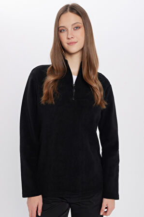 Unisex Standart Fit Rahat Kesim Tüylenme Yapmayan Soğuk Geçirmez Siyah Dik Yaka Polar Sweatshirt