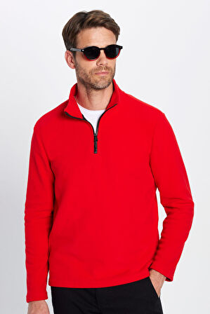 Unisex Standart Fit Anti-pilling Tüylenme Yapmayan Soğuk Geçirmez Kırmızı Dik Yaka Polar Sweatshirt