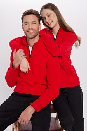 Unisex Standart Fit Anti-pilling Tüylenme Yapmayan Soğuk Geçirmez Kırmızı Dik Yaka Polar Sweatshirt