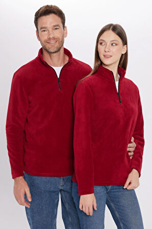 Unisex Standart Fit Anti-pilling Tüylenme Yapmayan Soğuk Geçirmez Bordo Dik Bato Yaka Polar Sweatshirt