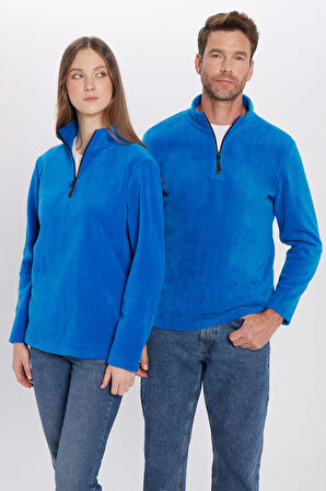 Unisex Standart Fit Anti-pilling Tüylenme Yapmayan Soğuk Geçirmez Sax Mavi Dik Bato Yaka Polar Sweatshirt