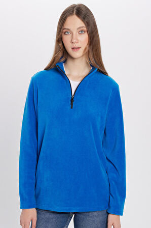 Unisex Standart Fit Anti-pilling Tüylenme Yapmayan Soğuk Geçirmez Sax Mavi Dik Bato Yaka Polar Sweatshirt