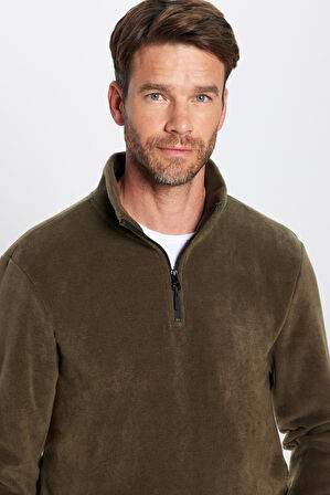 Unisex Standart Fit Anti-pilling Tüylenme Yapmayan Soğuk Geçirmez Haki Dik Bato Yaka Polar Sweatshirt