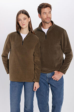 Unisex Standart Fit Anti-pilling Tüylenme Yapmayan Soğuk Geçirmez Haki Dik Bato Yaka Polar Sweatshirt