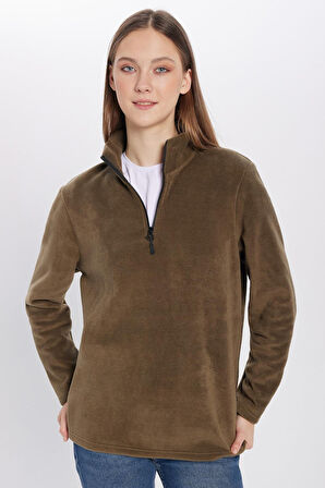 Unisex Standart Fit Anti-pilling Tüylenme Yapmayan Soğuk Geçirmez Haki Dik Bato Yaka Polar Sweatshirt