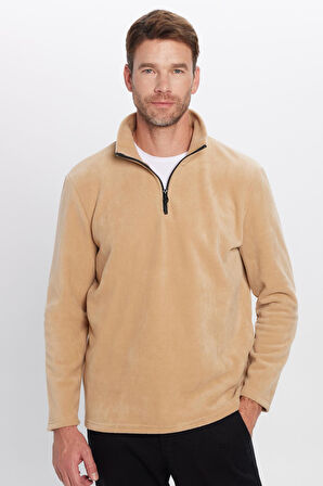 Unisex Standart Fit Anti-pilling Tüylenme Yapmayan Soğuk Geçirmez Bej Dik Bato Yaka Polar Sweatshirt