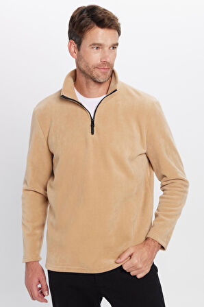 Unisex Standart Fit Anti-pilling Tüylenme Yapmayan Soğuk Geçirmez Bej Dik Bato Yaka Polar Sweatshirt