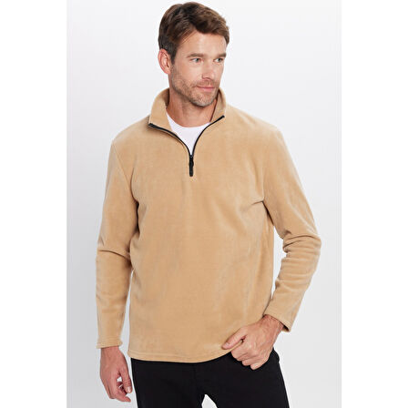 Tudors Erkek Standart Fit Rahat Kesim Tüylenme Yapmayan Soğuk Geçirmez Bej Dik Yaka Polar Sweatshirt