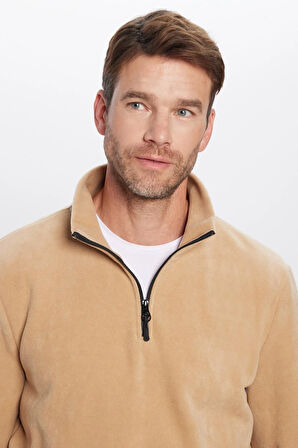 Unisex Standart Fit Anti-pilling Tüylenme Yapmayan Soğuk Geçirmez Bej Dik Bato Yaka Polar Sweatshirt