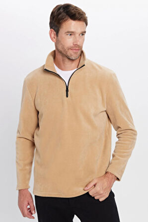 Unisex Standart Fit Anti-pilling Tüylenme Yapmayan Soğuk Geçirmez Bej Dik Bato Yaka Polar Sweatshirt