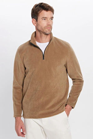 Unisex Standart Fit Anti-pilling Tüylenme Yapmayan Soğuk Geçirmez Haki Bato Yaka Polar Sweatshirt