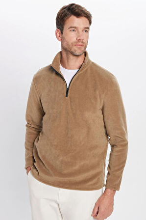 Unisex Standart Fit Anti-pilling Tüylenme Yapmayan Soğuk Geçirmez Haki Bato Yaka Polar Sweatshirt