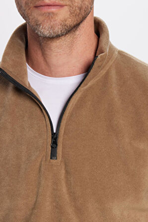 Unisex Standart Fit Anti-pilling Tüylenme Yapmayan Soğuk Geçirmez Haki Bato Yaka Polar Sweatshirt