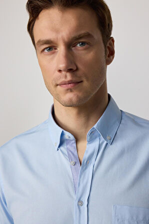 Erkek Regular Fit Klasik Kesim Düğmeli Yaka Pamuklu Kolay Ütü Oxford Düz Mavi Gömlek