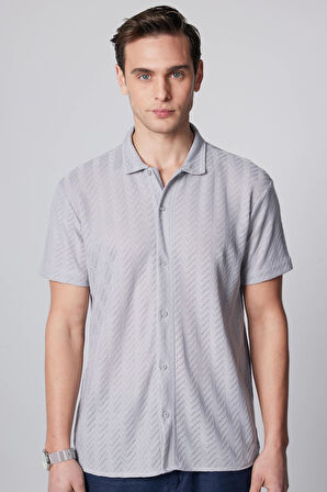 Erkek Slim Fit Dar Kesim Kısa Kollu Nefes Alan  Örme Doku Armür Desenli Gri Gömlek