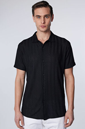 Erkek Slim Fit Dar Kesim Kısa Kollu Nefes Alan  Örme Doku Armür Desenli Siyah Gömlek