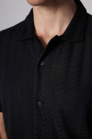 Erkek Slim Fit Dar Kesim Kısa Kollu Nefes Alan  Örme Doku Armür Desenli Siyah Gömlek