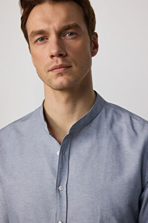 Erkek Slim Fit Dar Kesim Pamuklu Kolay Ütü Gri Hakim Yaka Gömlek 