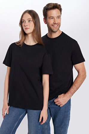 Unisex Relax Fit Rahat Kesim %100 Pamuk Yumuşak Dokulu Hafif Kalın Basic Bisiklet Yaka Siyah Tişört