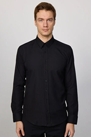 Modern Slim Fit Uzun Kollu Pamuklu Kolay Ütü Armürlü Siyah Erkek Gömlek