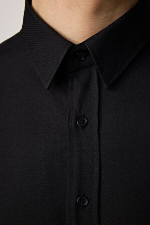 Modern Slim Fit Uzun Kollu Pamuklu Kolay Ütü Armürlü Siyah Erkek Gömlek