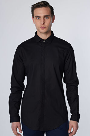 Erkek Slim Fit Dar Kesim Uzun Kollu Pamuklu Gizli Pat Siyah Gömlek