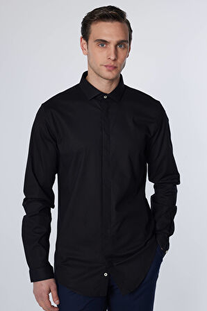 Erkek Slim Fit Dar Kesim Uzun Kollu Pamuklu Gizli Pat Siyah Gömlek